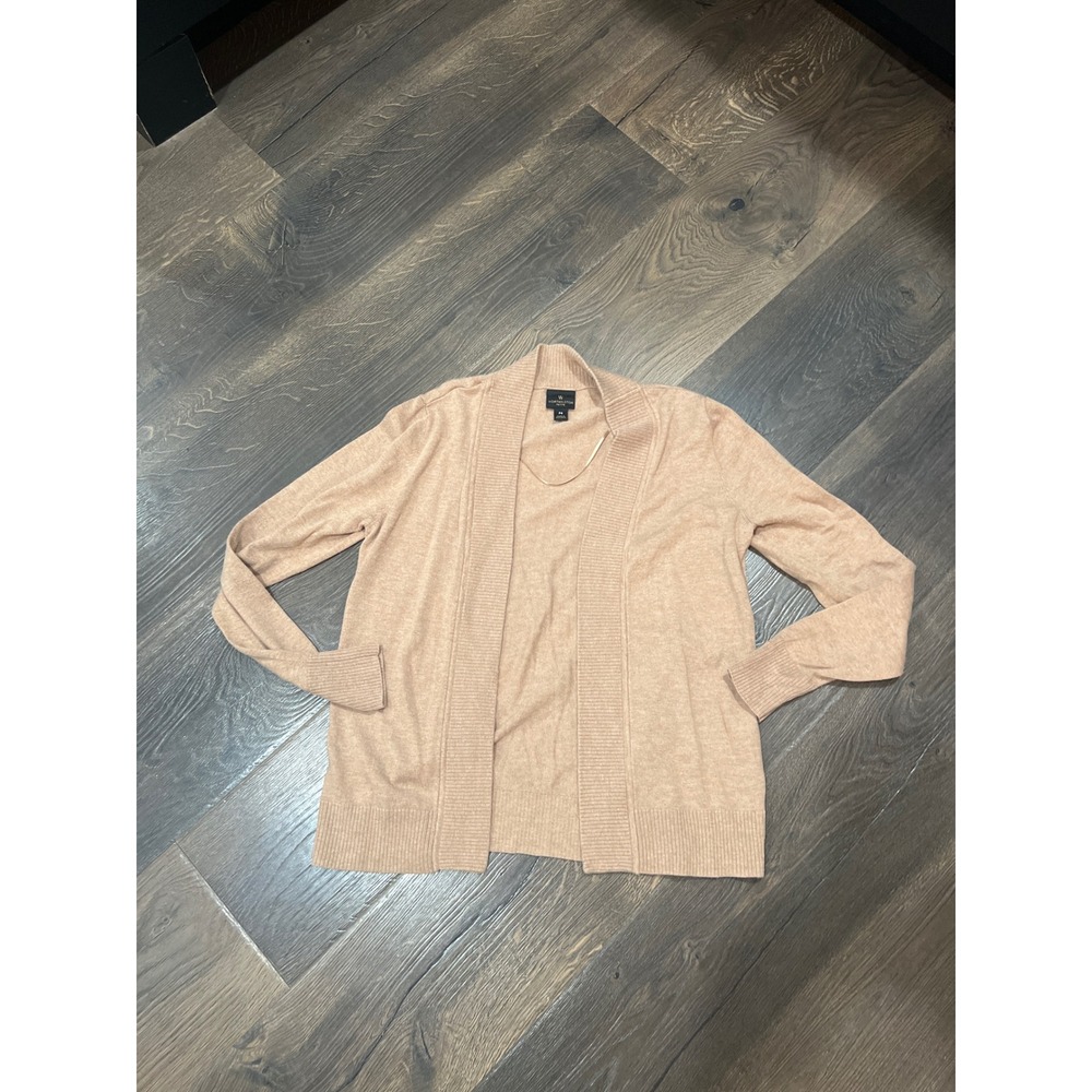 Worthington Petite Open Front Cardigan Sweater Tan Heather Ribbed Trim PS Womens